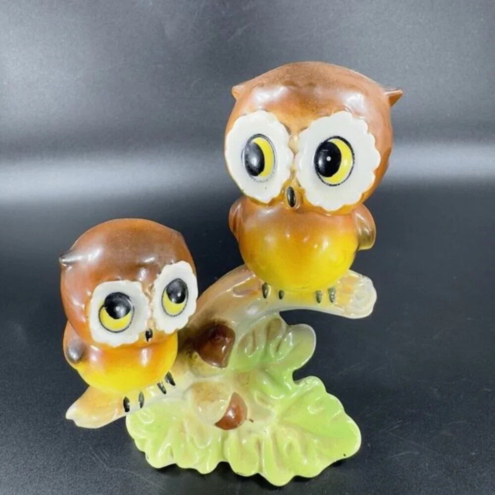 Vintage Norcrest Two Big Eye Owls On A Branch with Acorns Figurine Japan Ceramic